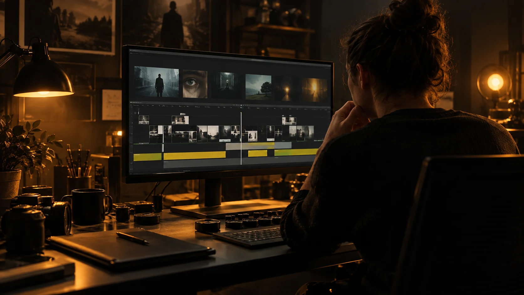 Cena fictícia de criação audiovisual em um estúdio