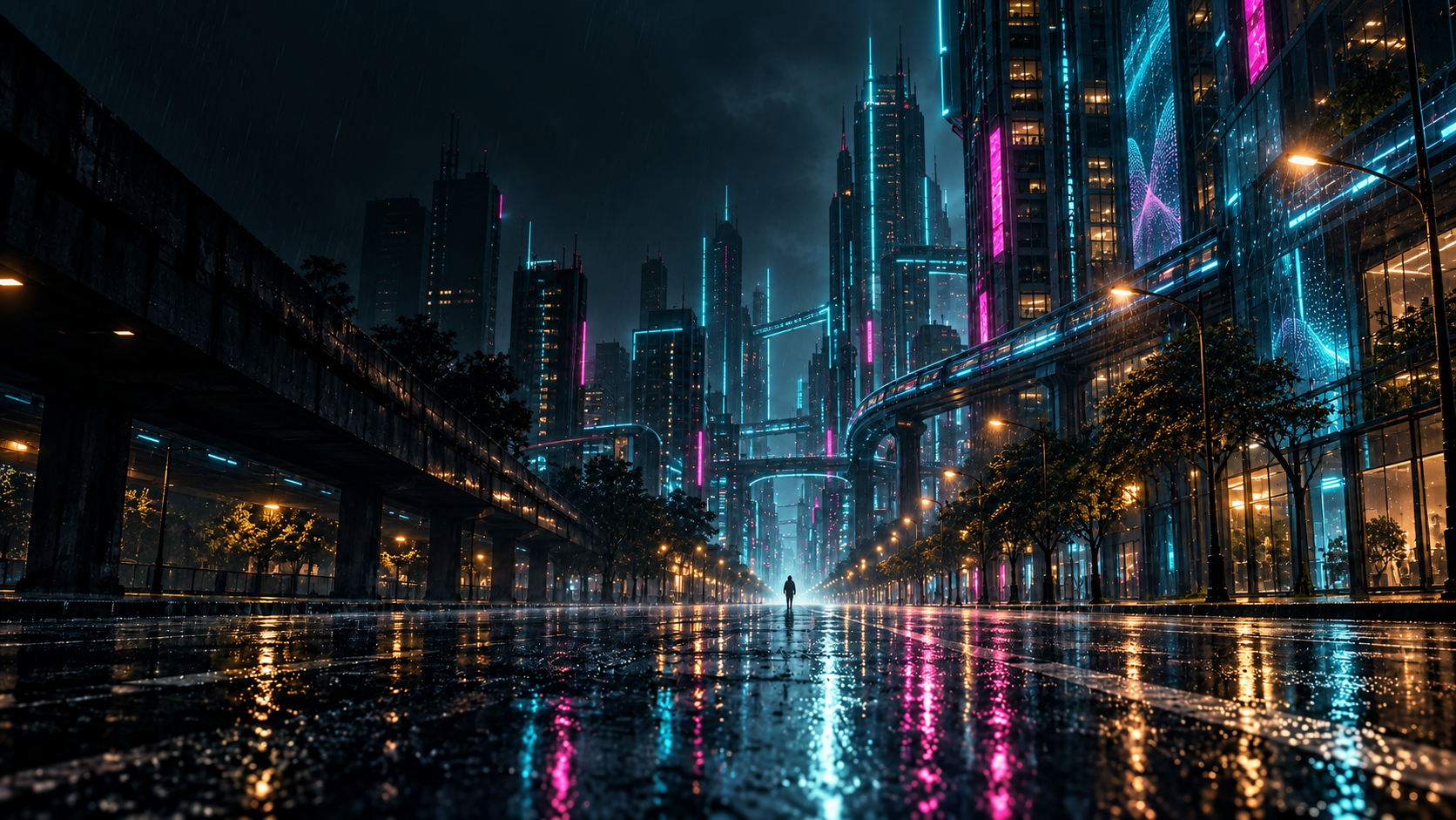 Cenário tecnológico com arquitetura e reflexos sob chuva representando criação digital orientada